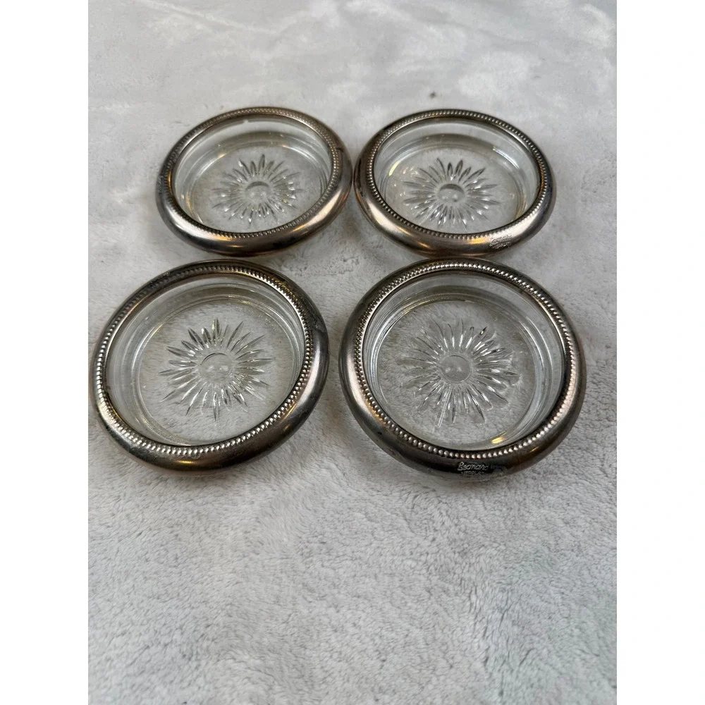 Set of 4 Leonard Silverplate Glass Coasters Made in Italy Starburst Design